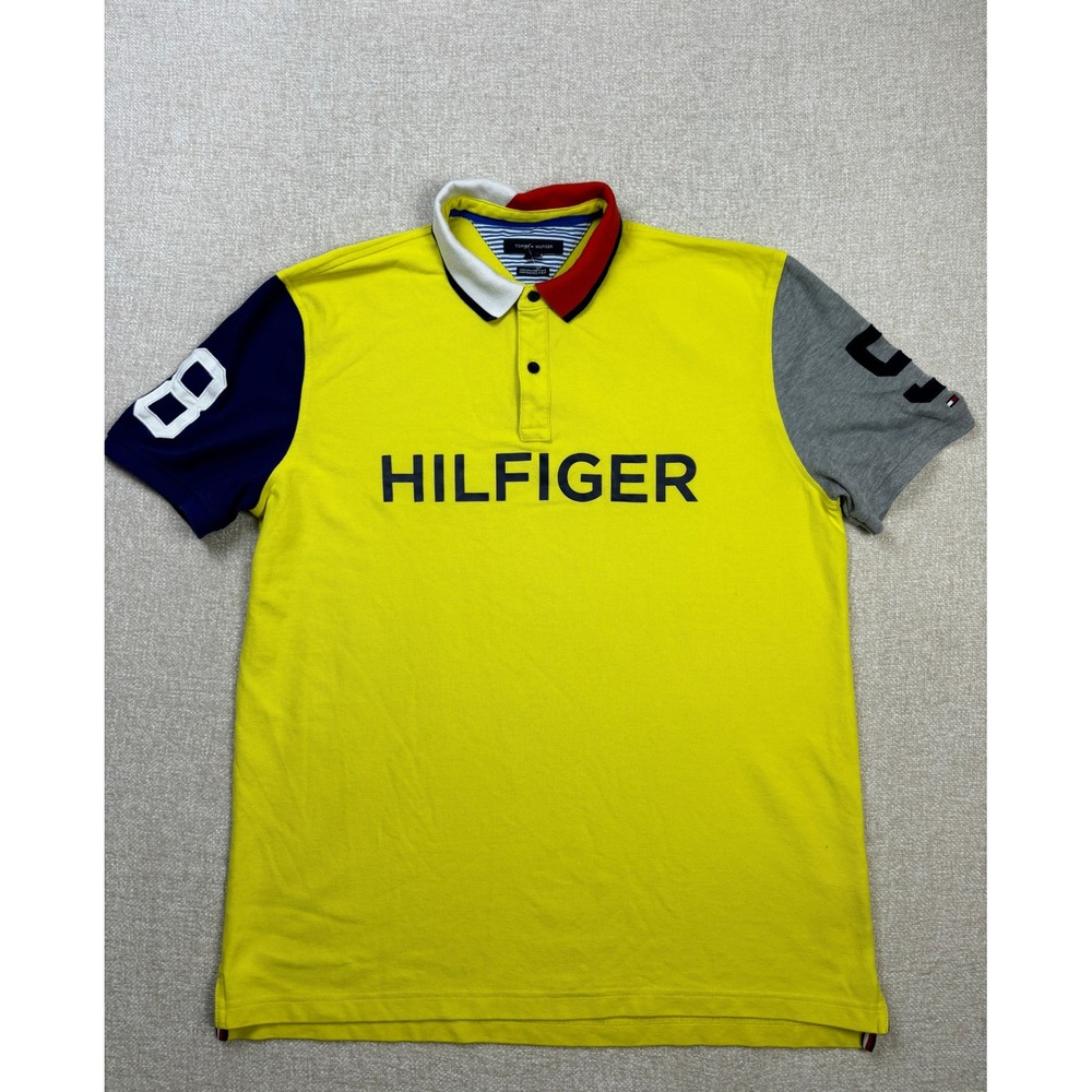 Tommy Hilfiger Mens XL Performance Pique Polo Shirt Yellow Colorblock 85 Logo